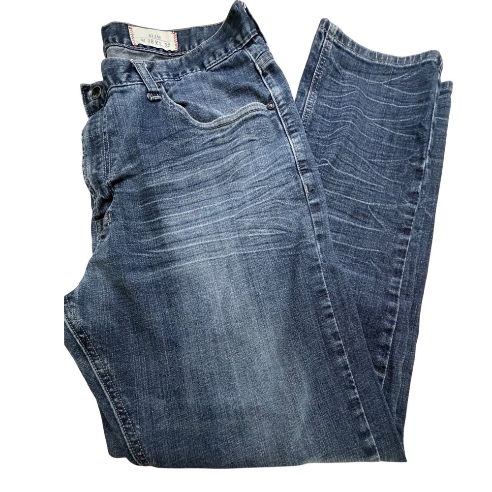TK Axel Mens Slim Fit Jeans Blue Medium Wash 38x32 Whiskered Denim Pants